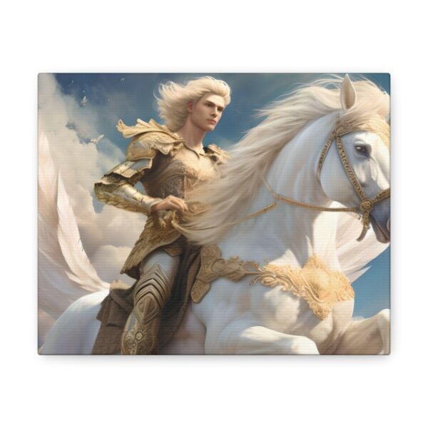 Elevate Your World with the Ethereal: A Blonde Sidhe Riding a Pegasus Captured in Canvas!